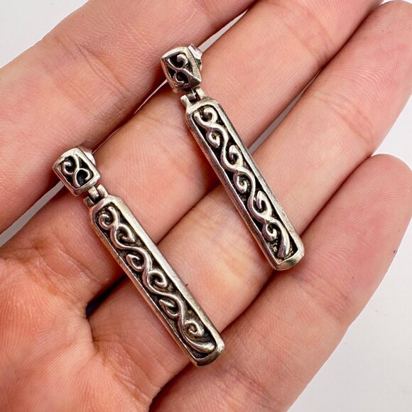VTG Solid Sterling Silver 925 Scroll Design Dangle Earrings Size 1.5" Length - Picture 9 of 12